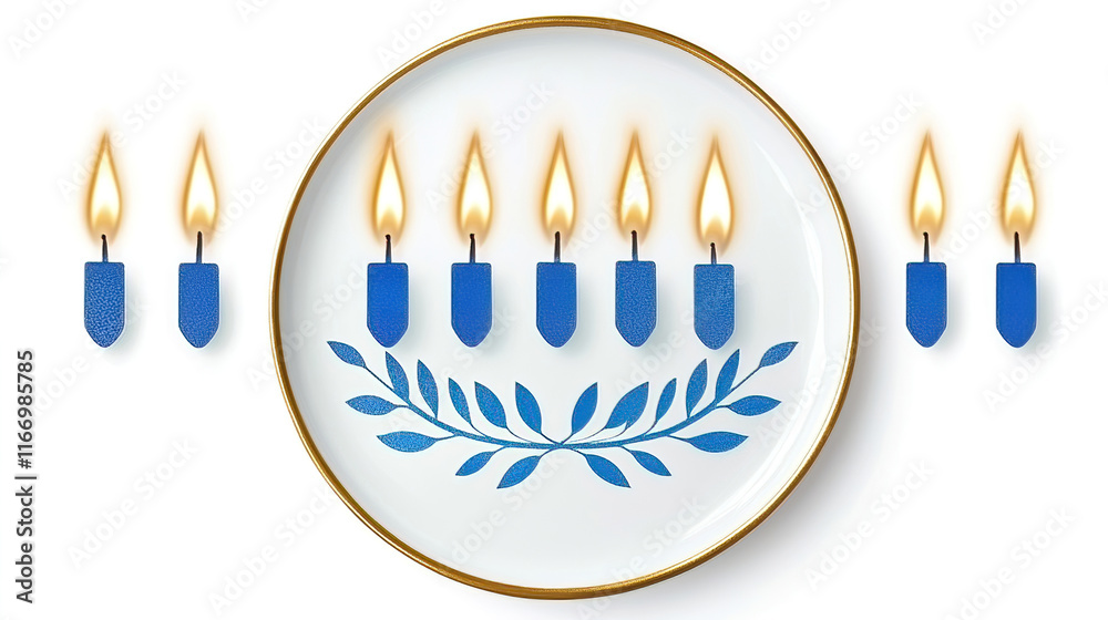 Hanukkah, also known as Chanukah, celebrates a miracle of light. Families gather to spin the dreidel and share latkes. Blue and White Plate with Menorah Candles for Celebration Hanukkah, also known as Chanukah, celebrates a miracle of light. Families gather to spin the dreidel and share latkes. Blue and White Plate with Menorah Candles for Celebration
