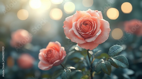 Beautiful peach roses blossom in garden sunlight.