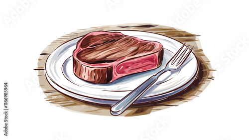 steak watercolor vector. Hand Drawn, Vector illustration, Freshly medium rare grilled beef steak, close-up, isolated on white background