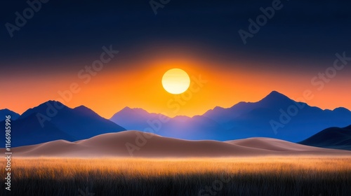Serene sunset over mountains and sand dunes, evoking tranquility.