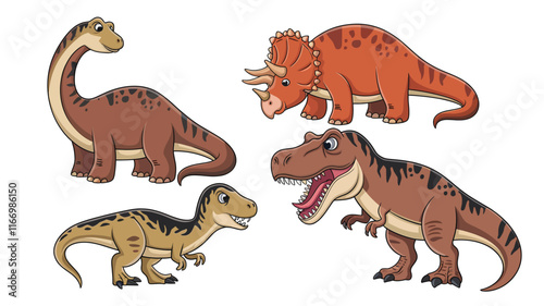 An illustration of a set of cute cartoon dinosaurs in different poses, isolated on a white background