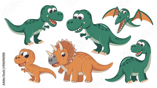 An illustration of a set of cute cartoon dinosaurs with various poses on a white background