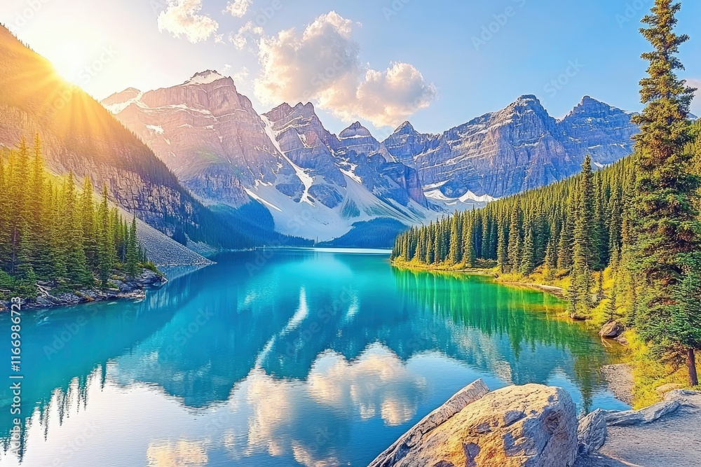 Obraz premium The picturesque lake in the beautiful banff national park, Canada. The turquoise waters of Moraine Lake reflect the surrounding mountains and forests at sunrise. A perfect scene for an adventure trave