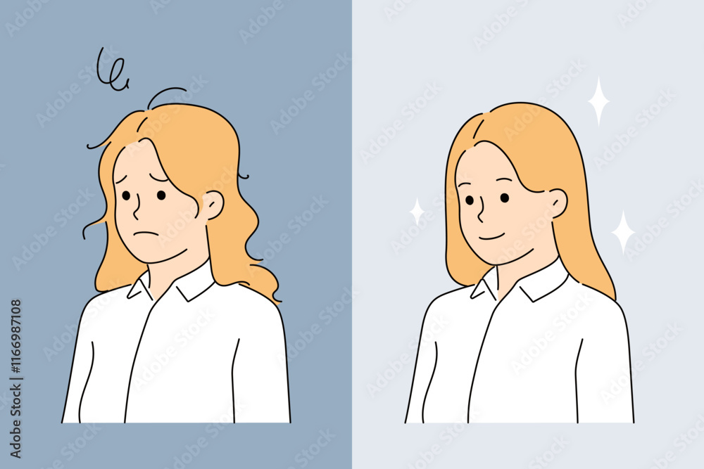 Transformation of girl after visiting hairdresser or using high-quality shampoo. Transformation of girl after visiting hairdresser or using high-quality shampoo.