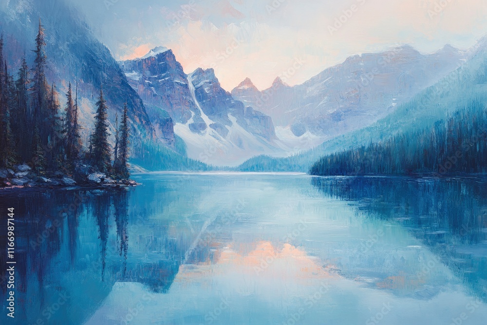 Fototapeta premium The picturesque lake in the beautiful banff national park, Canada. The turquoise waters of Moraine Lake reflect the surrounding mountains and forests at sunrise. A perfect scene for an adventure trave