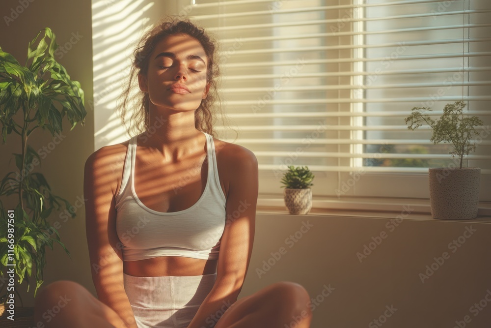 Relaxing moment of a woman enjoying sunlight streaming through window blinds in a cozy room Relaxing moment of a woman enjoying sunlight streaming through window blinds in a cozy room