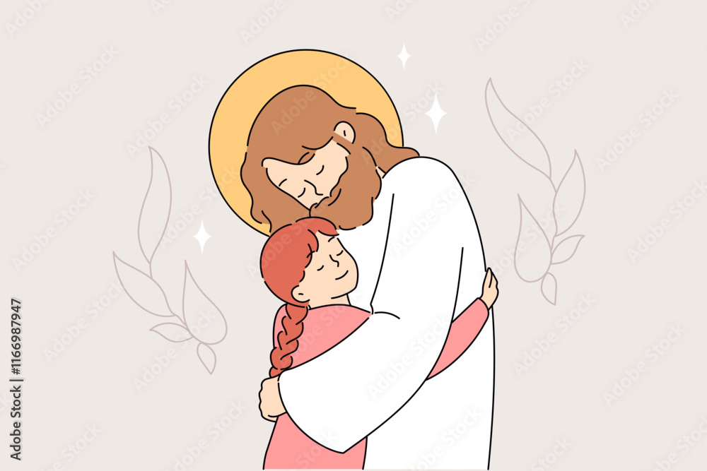 Jesus hugs little girl, demonstrating god love and protection for christians and catholics