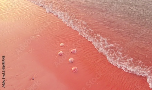 Low-angle perspective with the camera near the sand, capturing tiny shells and incoming shallow waves