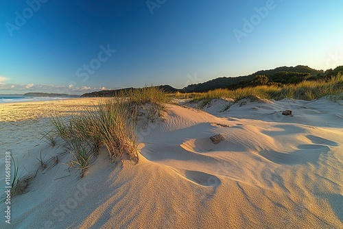 The sandy beach of Whangamata, New Zealand, with grasses and rock formations in the background under a clear blue sky at sunset. The golden light reflects on the sand dunes. A wide-angle shot capturin photo