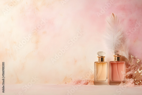 Delicate glass perfume bottles with soft feathers and floral accents create elegant display. pastel background enhances beauty of fragrances, evoking sense of luxury and charm photo