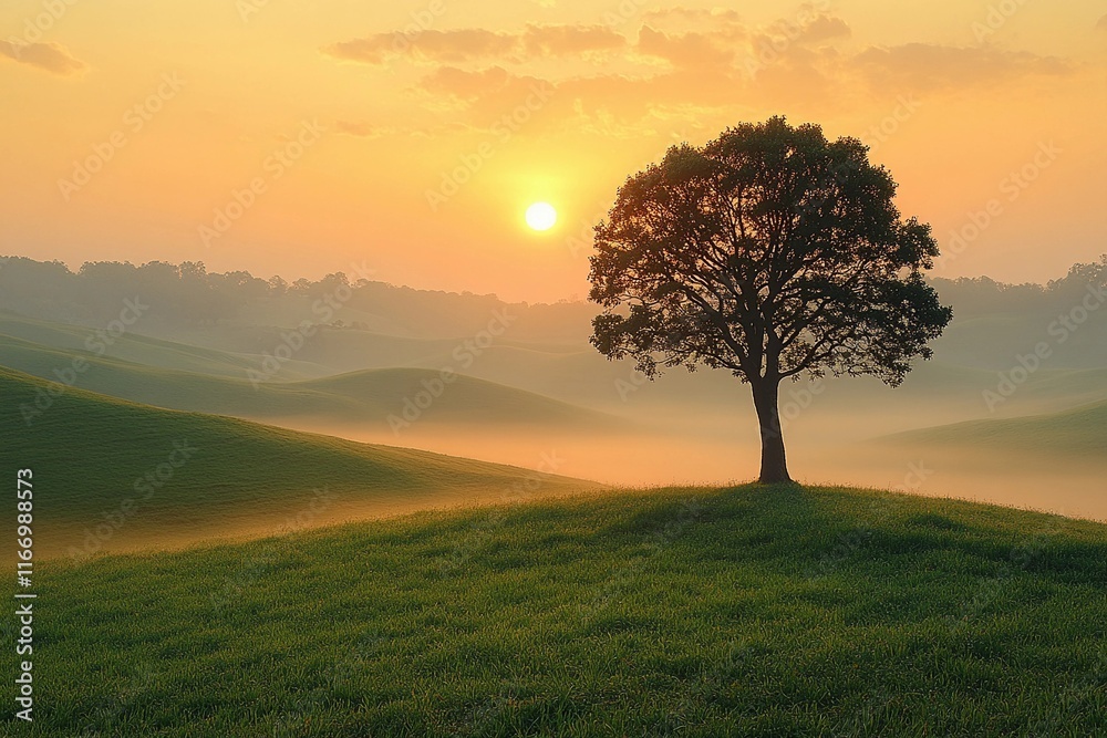 Fototapeta premium Sunrise over misty hills with a solitary tree in the quiet landscape. Generative AI