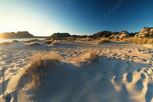 The sandy beach of Whangamata, New Zealand, with grasses and rock formations in the background under a clear blue sky at sunset. The golden light reflects on the sand dunes. A wide-angle shot capturin photo