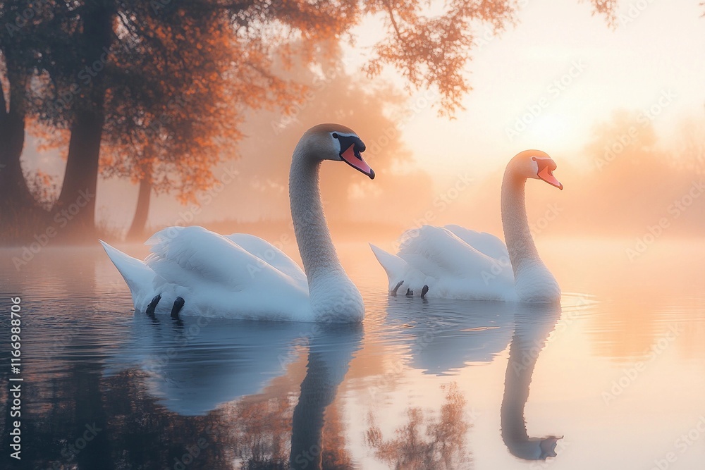 Fototapeta premium Swans glide gracefully on a misty lake at sunrise in autumn. Generative AI