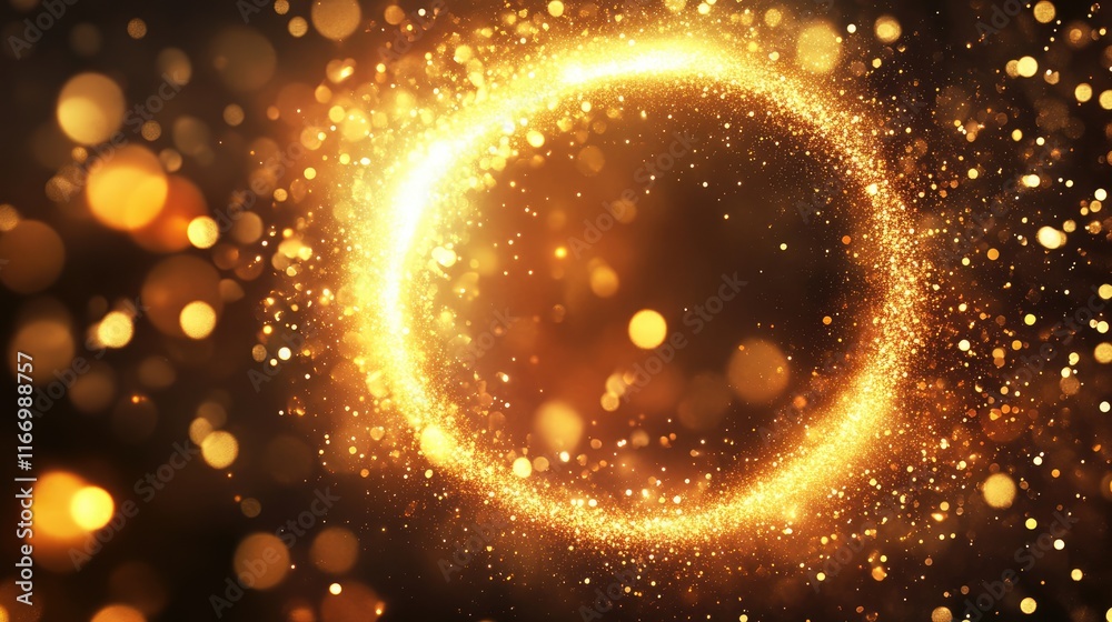 Gold sparkling light circle with shimmering particles with glare flare effect. Christmas and New Year background, abstract golden glittery confetti ring frame with magic glowing shimmer sparkle trail Gold sparkling light circle with shimmering particles with glare flare effect. Christmas and New Year background, abstract golden glittery confetti ring frame with magic glowing shimmer sparkle trail