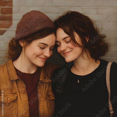 Two women smiling together, showcasing close and affectionate bond, with one wearing beanie and other in casual outfit. background features brick wall, enhancing warm atmosphere photo