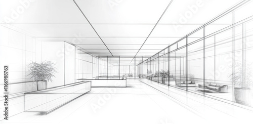 An architectural sketch of a modern office interior shows an open layout with glass walls, minimalist furniture, and large planters, creating a spacious and inviting atmosphere.