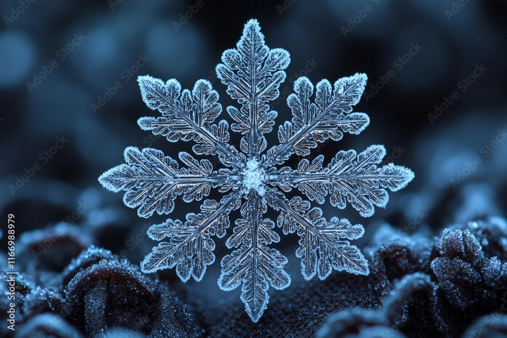 Intricate snowflake resting on dark surface in winter season. Generative AI Intricate snowflake resting on dark surface in winter season. Generative AI