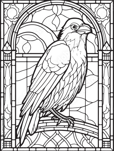 Raven Stained Glass Window Line Art Vector Illustration Graphic