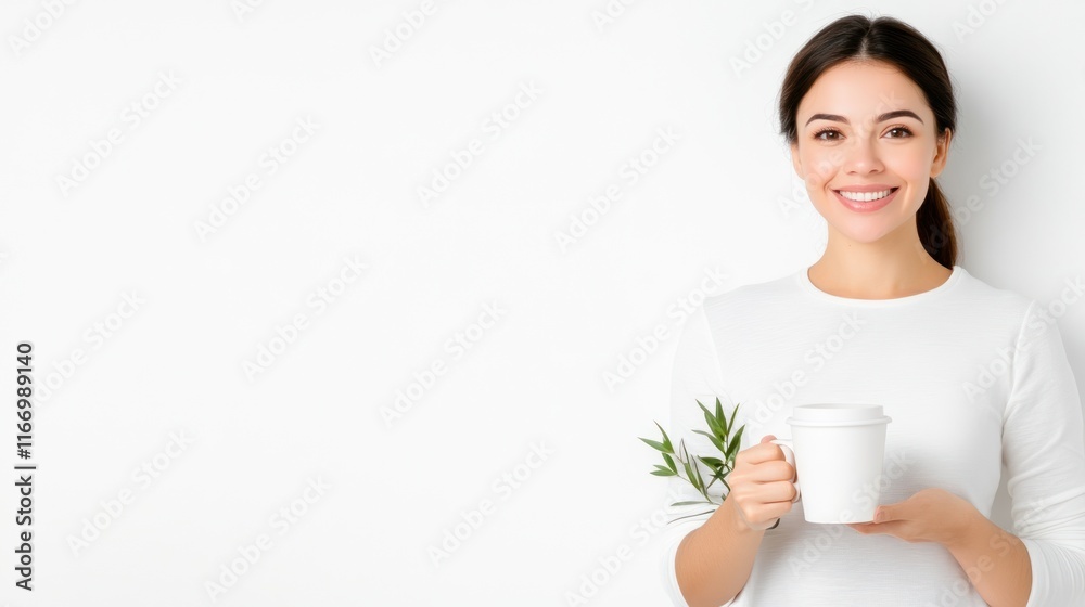 A woman holding a cup and a plant against a white background. A woman holding a cup and a plant against a white background.