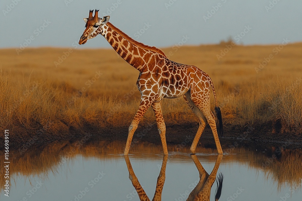 Fototapeta premium Giraffe walking gracefully near water in African savannah during sunset. Generative AI