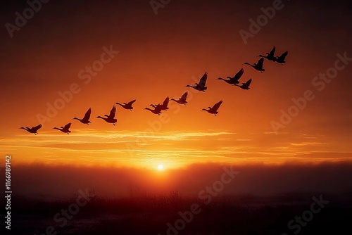 Wallpaper Mural Flock of birds flying in formation at sunset over a tranquil landscape. Generative AI Torontodigital.ca