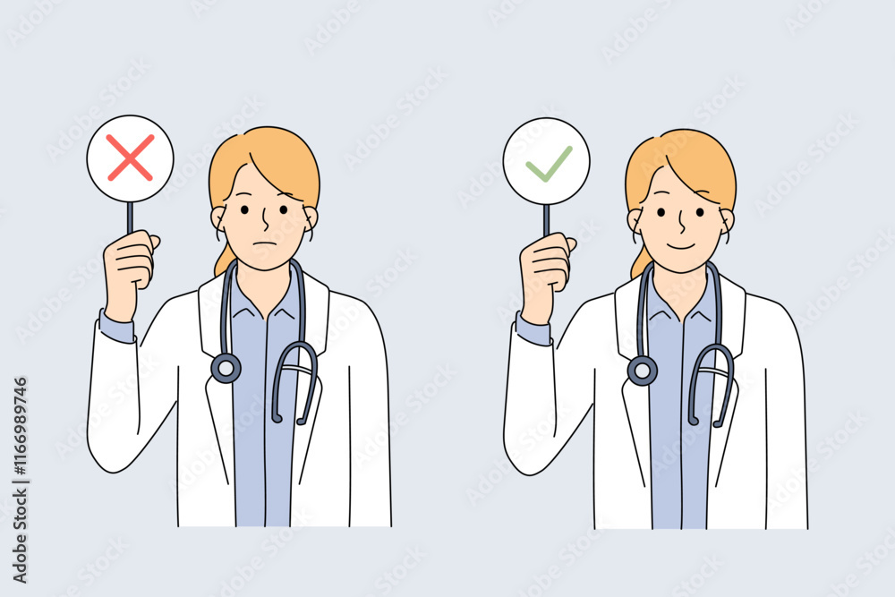 Woman doctor demonstrates sign with tick or cross, symbolizing permission or prohibition Woman doctor demonstrates sign with tick or cross, symbolizing permission or prohibition