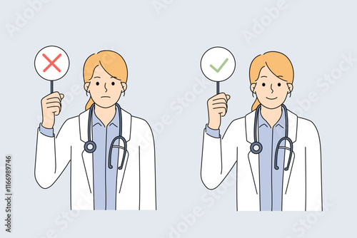 Woman doctor demonstrates sign with tick or cross, symbolizing permission or prohibition