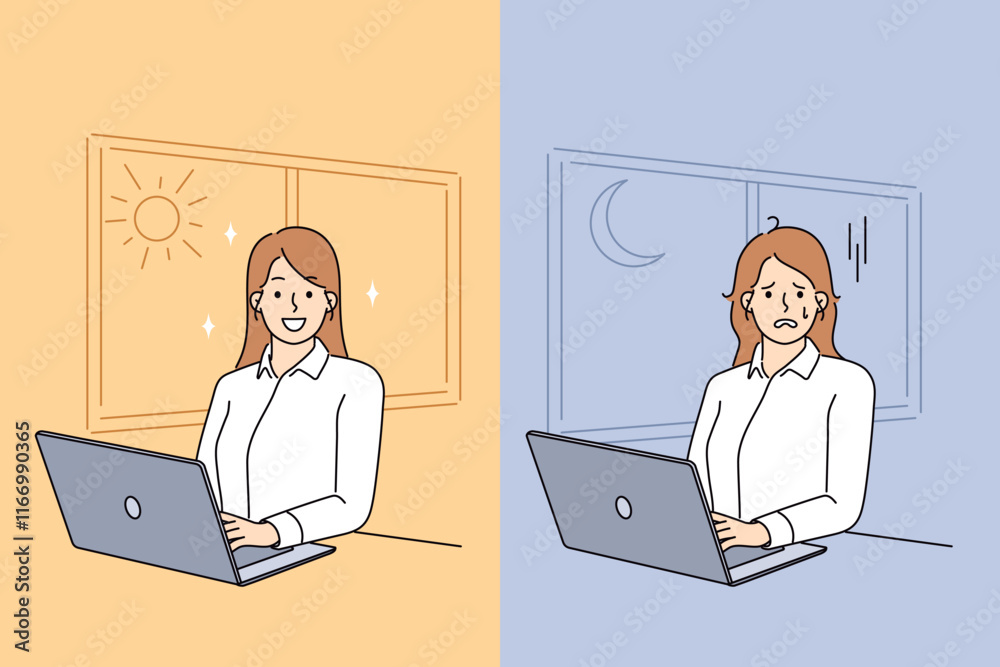 Woman feels tired and exhausted due to overwork and working with computer at night Woman feels tired and exhausted due to overwork and working with computer at night
