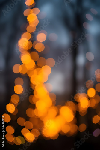 A blurred image featuring a series of warm orange bokeh lights, creating a dreamy and festive atmosphere. The lights are scattered and form abstract patterns against a soft background. photo