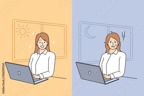 Woman feels tired and exhausted due to overwork and working with computer at night