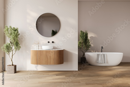 Modern bathroom interior with dark brown parquet floor, two sinks, double mirrors, white bathtub, interior plants,