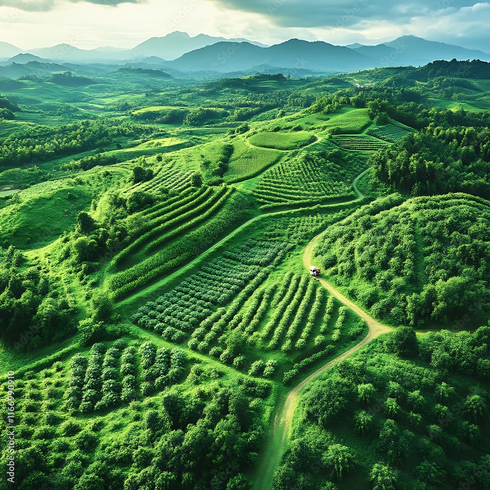 Lush Green Hillsides With Winding Roads and Vehicle