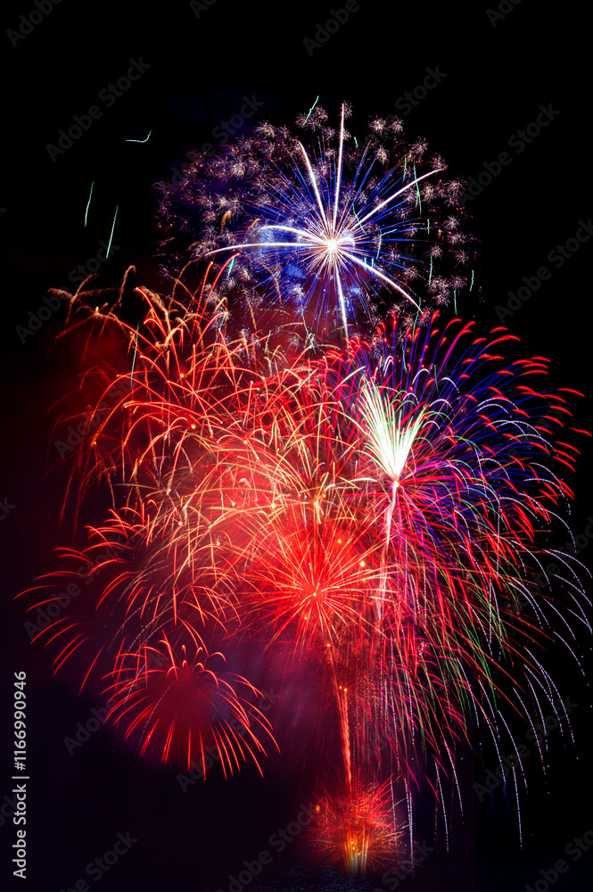 colourful firework display set for celebration happy new year and merry christmas and fireworks on black background