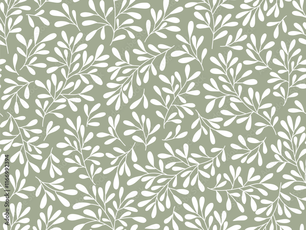 Seamless olive floral background with white leaves. Hand drawn minimal abstract organic shapes pattern. Delicate vector olive abstact pattern with white leaves.