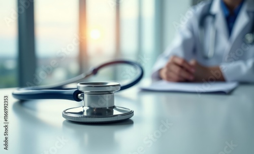 medical office, doctor's desk, stethoscope in focus, blurred background, sunlight through window, professional setting, healthcare, medical consultation, writing notes, clean environment, teal tones,  photo