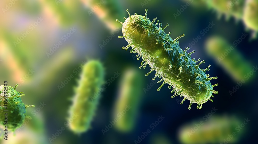 Naklejka premium Microscopic View of Bacteria: A Detailed 3D Render of Rod-Shaped Bacteria with Fimbriae