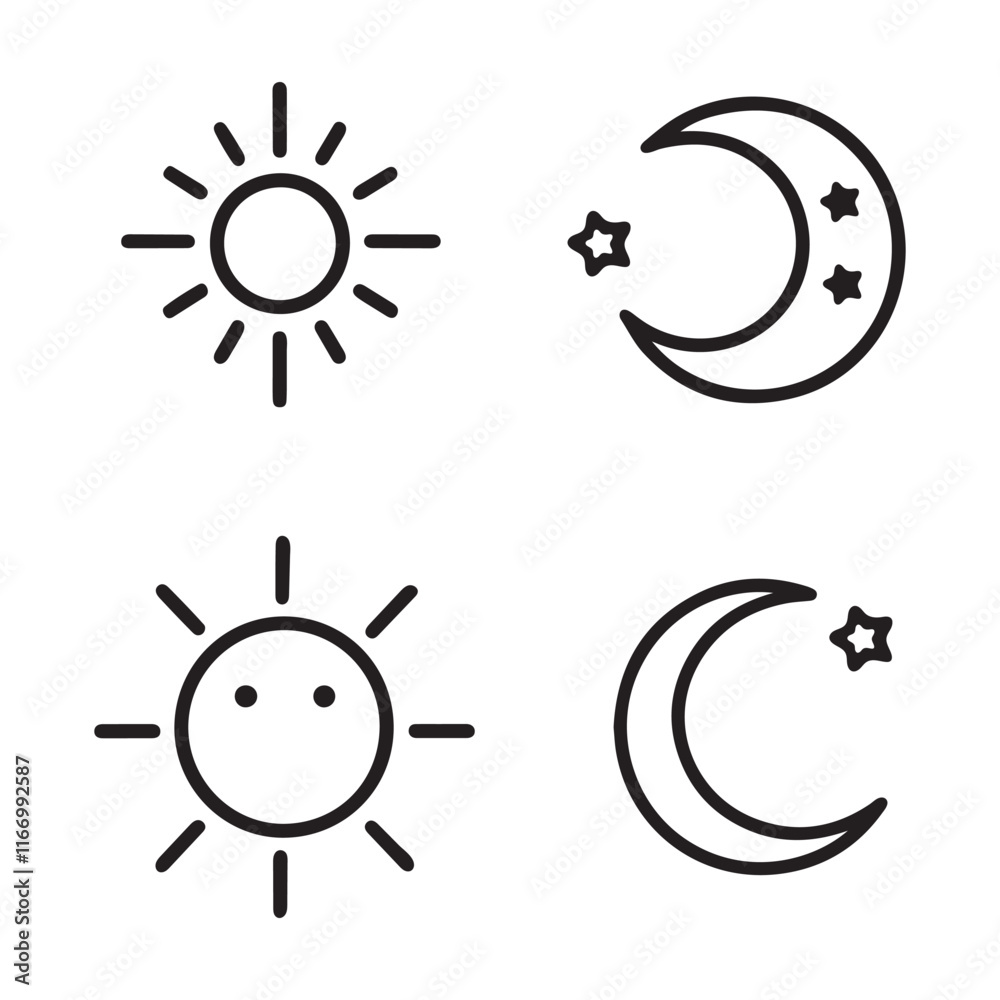 Minimalist Sun and Moon Icon Set for Design Projects,Black and White Solar and Lunar Vector Graphics Minimalist Sun and Moon Icon Set for Design Projects,Black and White Solar and Lunar Vector Graphics