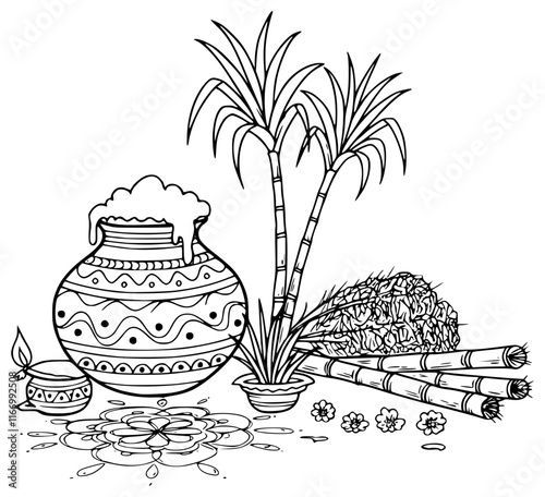 Greeting arts with sugar cane, clay pot designs, milk and harvest for Indian traditional weddings and Hindu Pongal function celebrations	