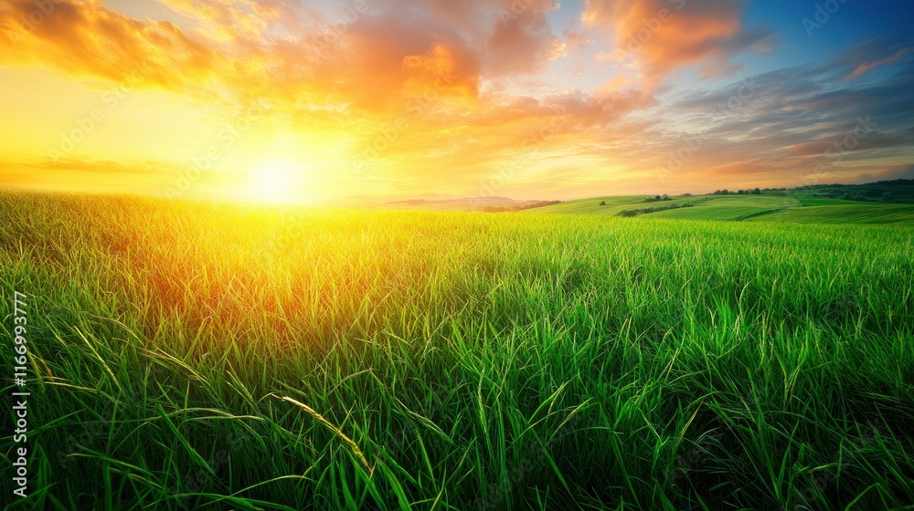 Fototapeta premium Vibrant green, grassy fields at sunrise, a colorful sky, the Tuscan landscape, hills in the background, photorealistic, natural lighting, high-resolution photography, sharp focus