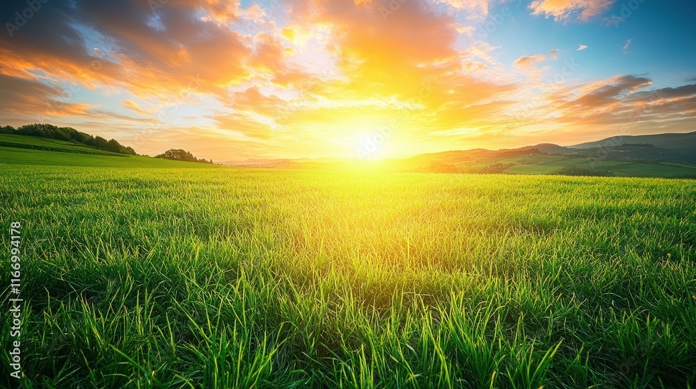 Vibrant green, grassy fields at sunrise, a colorful sky, the Tuscan landscape, hills in the background, photorealistic, natural lighting, high-resolution photography, sharp focus Vibrant green, grassy fields at sunrise, a colorful sky, the Tuscan landscape, hills in the background, photorealistic, natural lighting, high-resolution photography, sharp focus