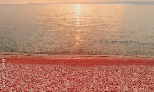 Smooth, polished beach pebbles glowing under golden sunset light