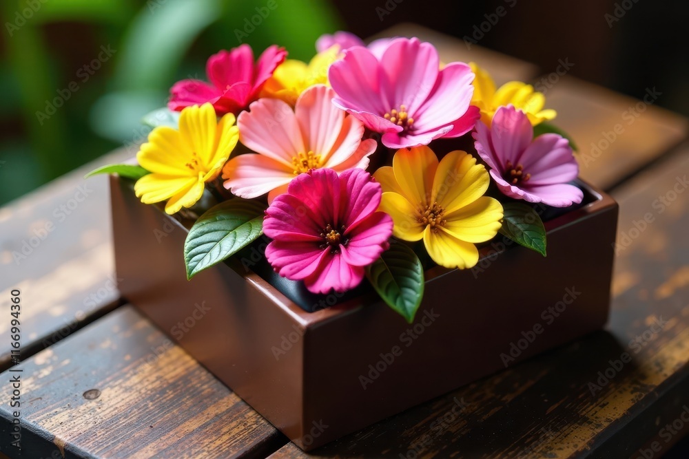 Chocolate box with colorful flowers arranged artfully on top, gift, chocolate