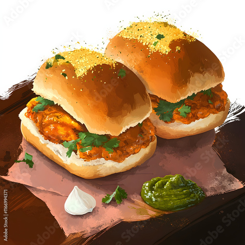 Vada Pav vector illustration, maharashtra famous vada pav, vada pao, south mumbai authentic food, mumbai famous breakfast, famous street food, bombay vada pav, spicy chutney, green chilli, garlic