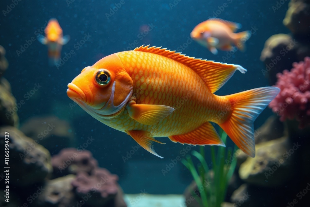 Close-up of colorful fish swimming in aquarium , fins, barbs, swimming Close-up of colorful fish swimming in aquarium , fins, barbs, swimming