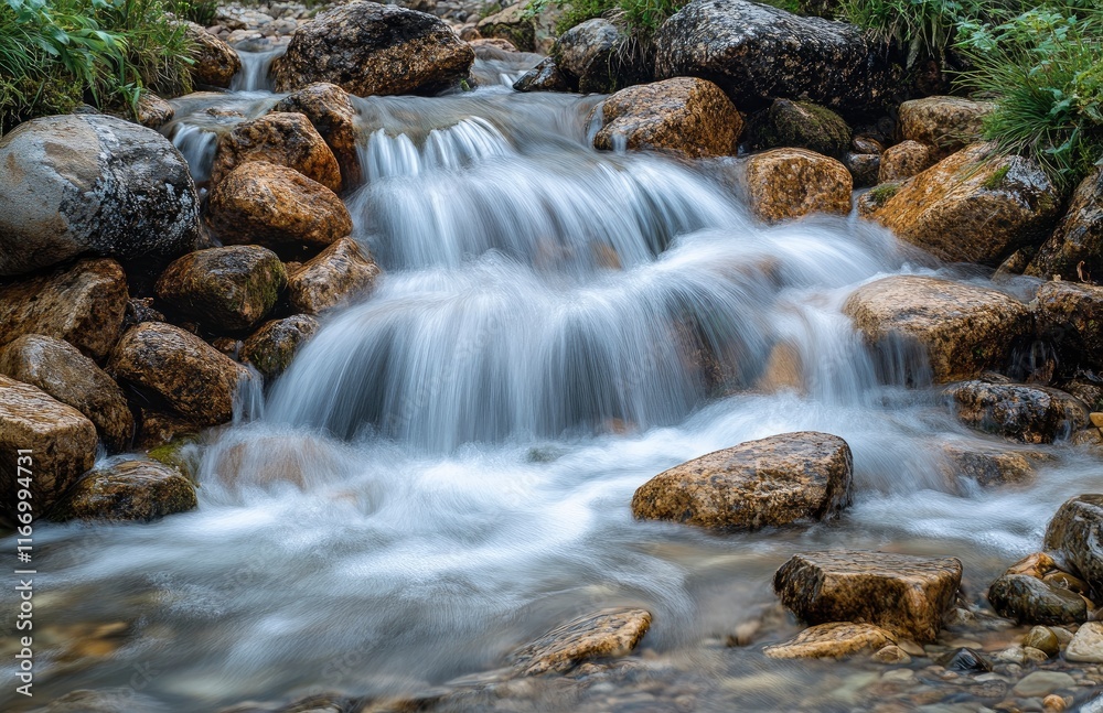 waterfalls and rocks in the background. The scene is set against mountains on the Isle of Skye in Scotland. The long exposure shot creates a softness to the flowing river and a misty atmosphere. --ar waterfalls and rocks in the background. The scene is set against mountains on the Isle of Skye in Scotland. The long exposure shot creates a softness to the flowing river and a misty atmosphere. --ar