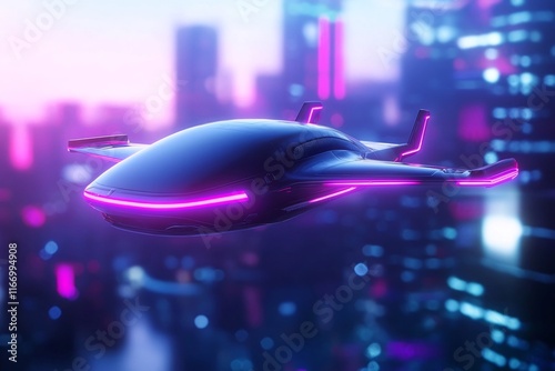 Retro Futuristic Hovering Car Soaring Over Cityscape with Sleek Aerodynamic Design and Neon Accents photo