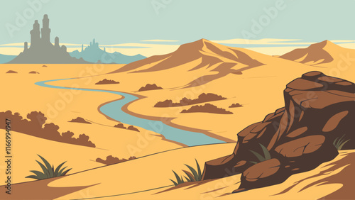 Desert Landscape  with River  Vector Illustration