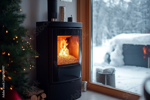 Wood pellet stove with clear view of burning pellets for efficient and eco friendly heating