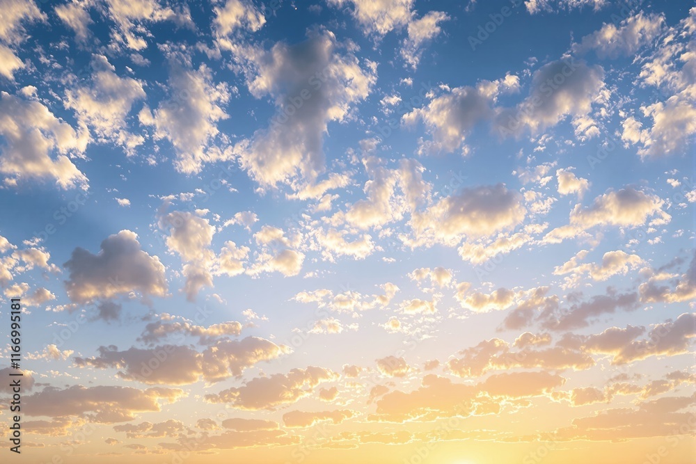 Fototapeta premium Sky with scattered fluffy clouds in soft golden sunlight, backdrop of warm hues blending with blue. Concept of tranquility and nature. Ai generative