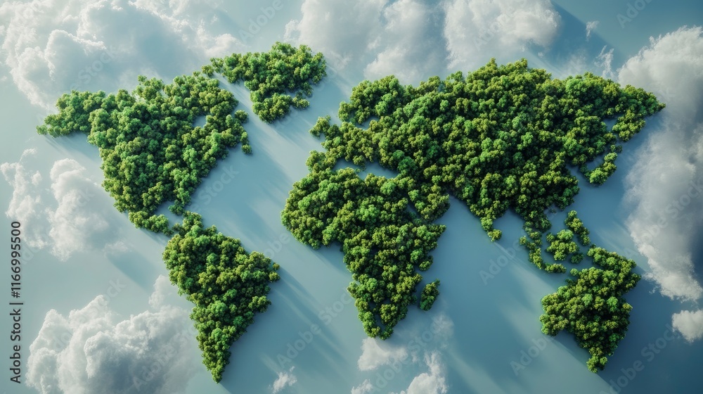World map made of green forest, top view. Aerial shot with clouds and blue sky in the background. High-resolution photography, detailed image, natural lighting. Textured brush-like strokes World map made of green forest, top view. Aerial shot with clouds and blue sky in the background. High-resolution photography, detailed image, natural lighting. Textured brush-like strokes